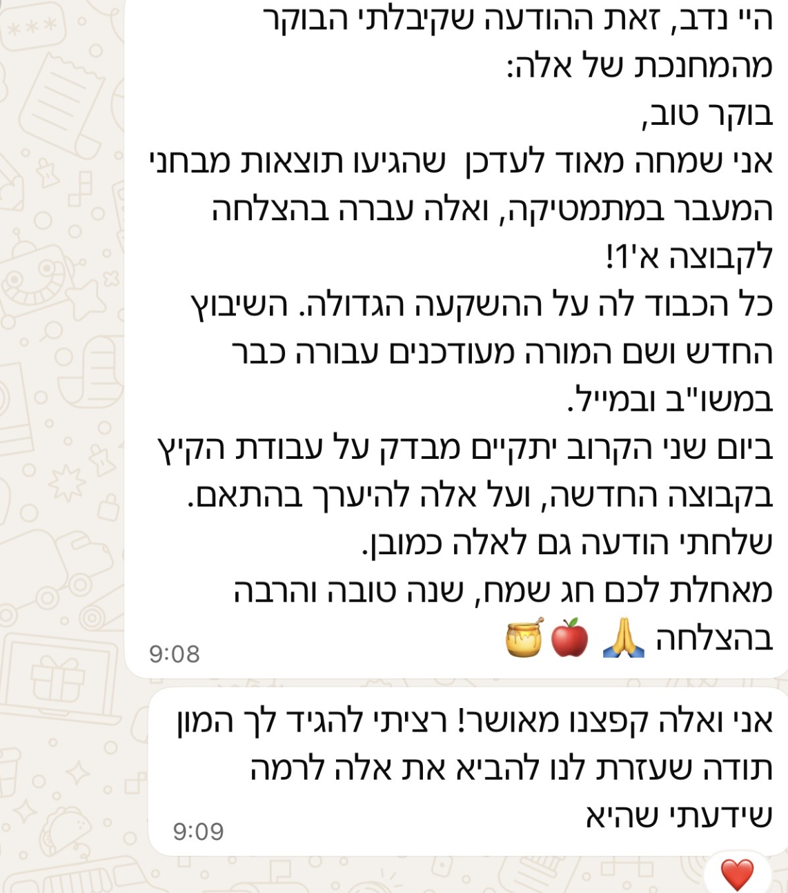 הודעת אם על התקדמות בתה במתמטיקה ומעבר לקבוצה א׳